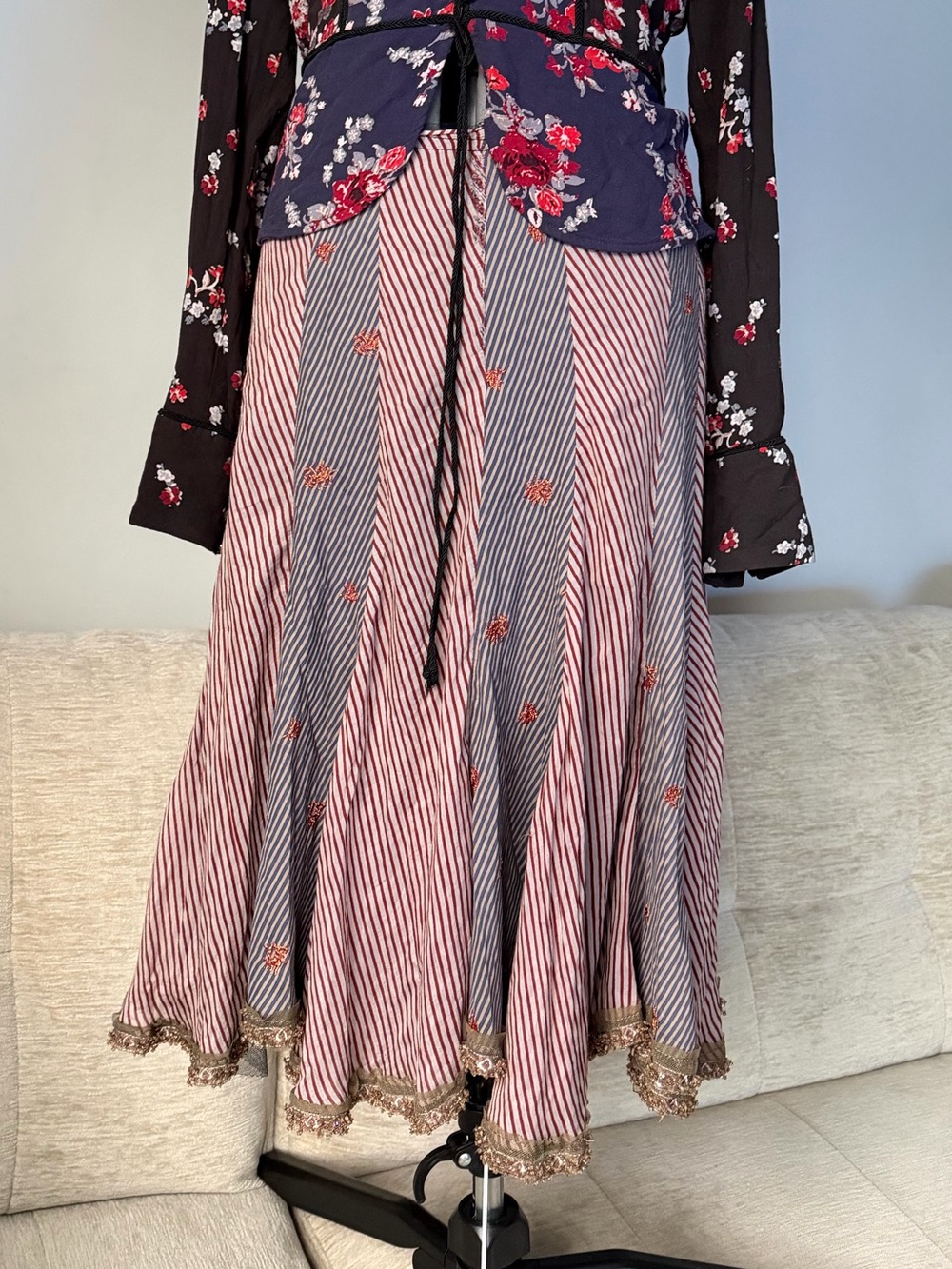 Hazel blue and red striped skirt with beaded hem Size S